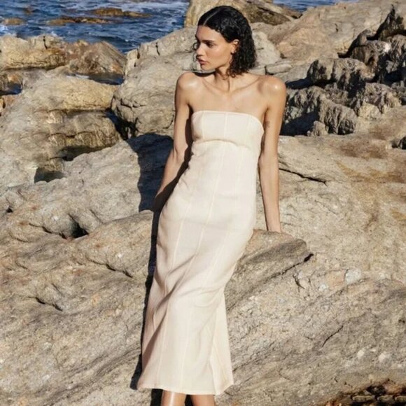 New Zara Textured Strapless Cream Midi Dress NWT Size Small - Picture 1 of 12